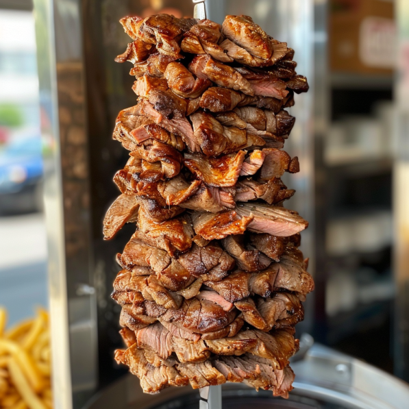 Gyro on a rotisserie souvlaki skewers