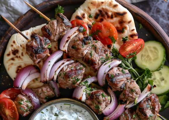 Souvlaki Skewers with Creamy Tzatziki Sauce