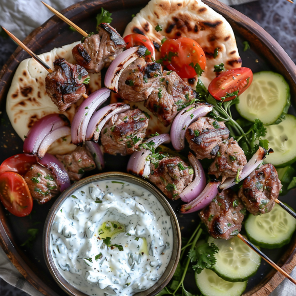 Souvlaki Skewers with Creamy Tzatziki Sauce